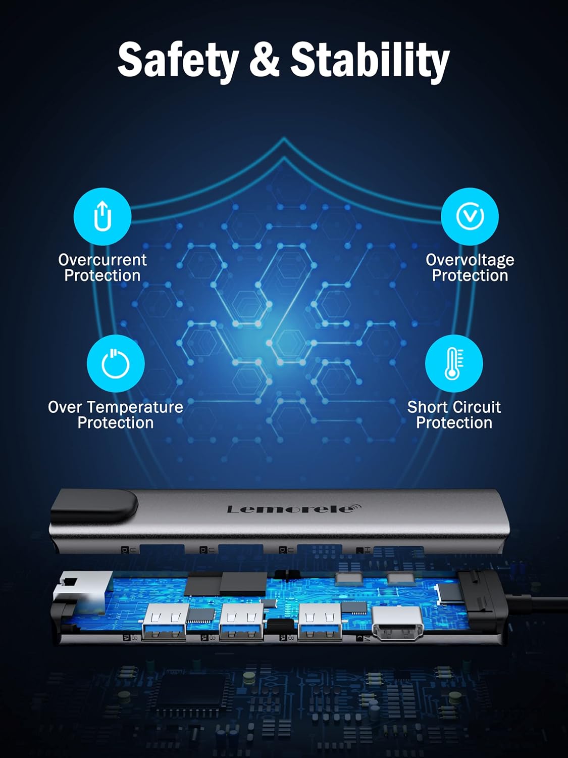 Electronic device with safety features highlighted on a dark background