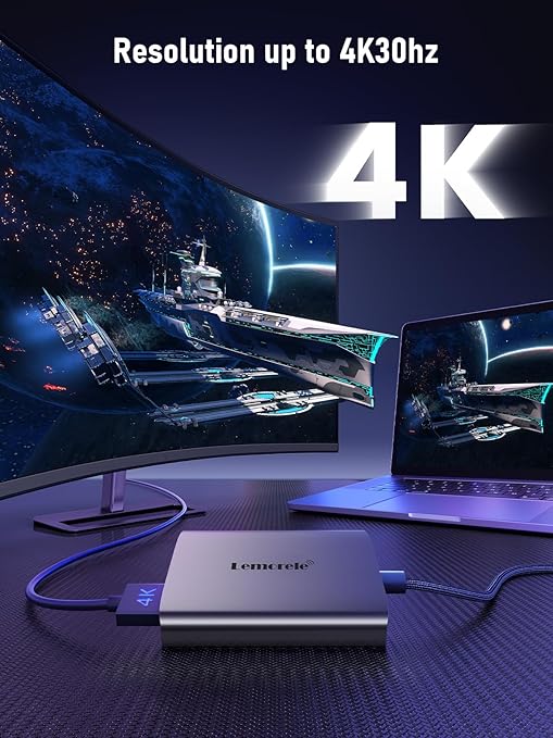 4K display technology with monitor and laptop showing space-themed graphics, featuring Lemele brand.