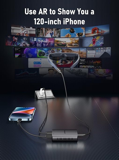 Augmented reality device connected to a smartphone with a screen displaying multiple video clips in the background.