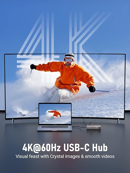 4K@60Hz USB-C Hub displaying a person skiing with '4K' branding.