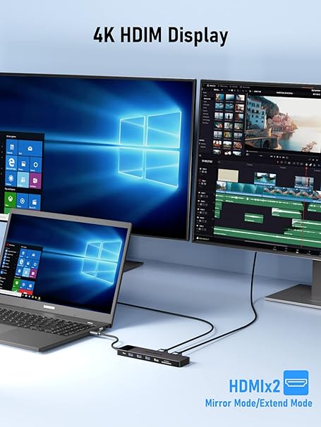 Multiple computer monitors and a laptop displaying Windows operating system with HDMI connectivity.