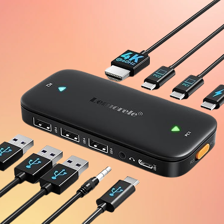 Lemorele Kvm Switcher with USB C Hub Function | 4K60Hz HDMI | 4×USB Data | 2-in-1 Multi-OS Compatible Hub for Laptops, Game Consoles (macOS/Windows/Linux/Android)