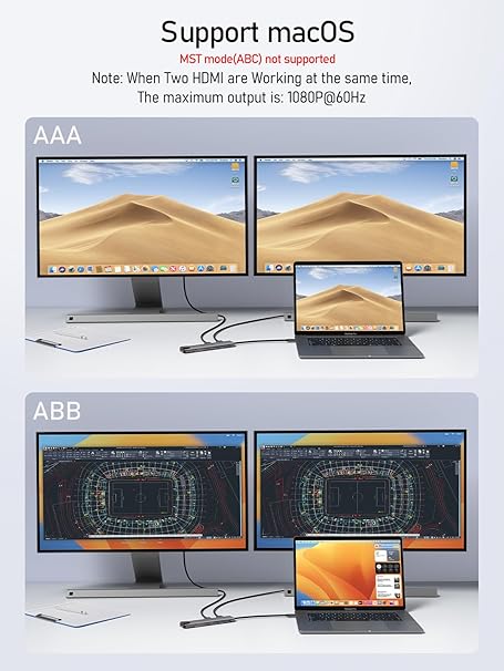 Two computer monitors displaying different content with a laptop in front on a light gray background.