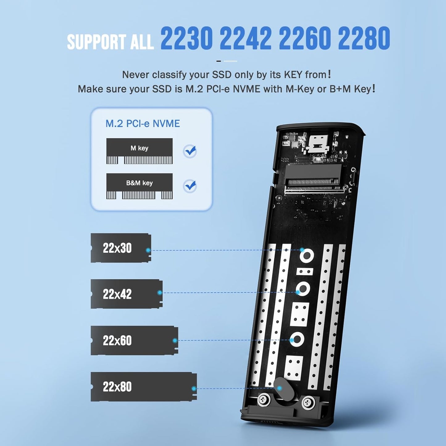 M.2 PCI-e NVMe SSD bracket with compatibility information on a blue background