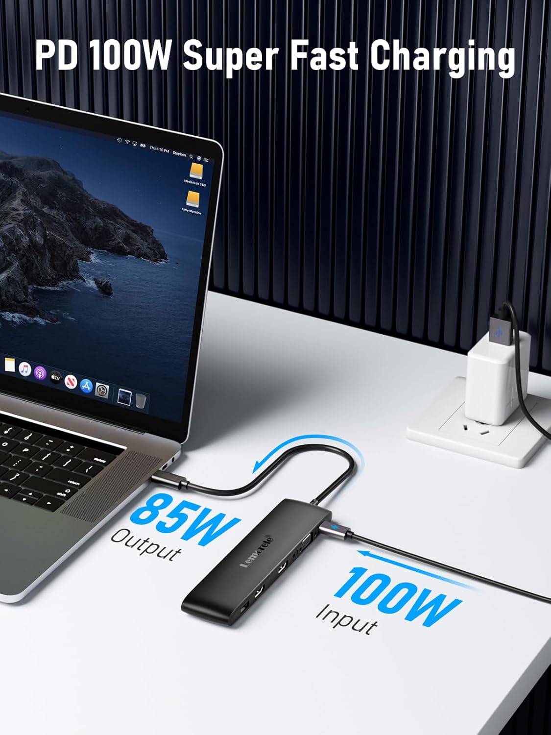 USB-C hub connected to a laptop with charging specifications displayed