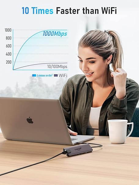 Woman using a laptop with a USB device, text indicating speed comparison to WiFi.
