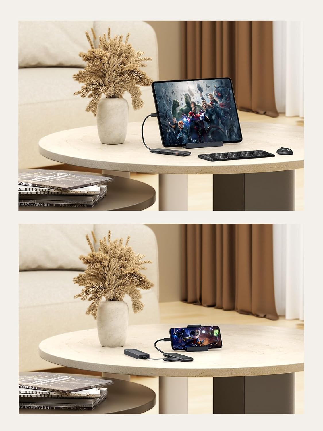 Round table with computer setup in a home office setting