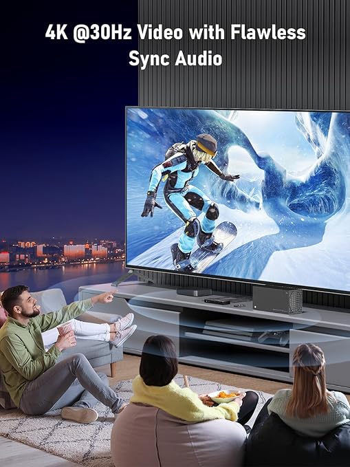 People watching a video game on a large TV screen with a cityscape in the background.