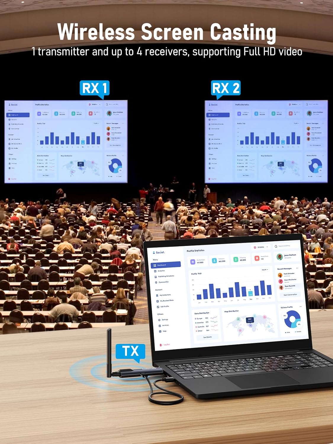 Laptop with wireless screen casting device in front of an audience in a large hall.