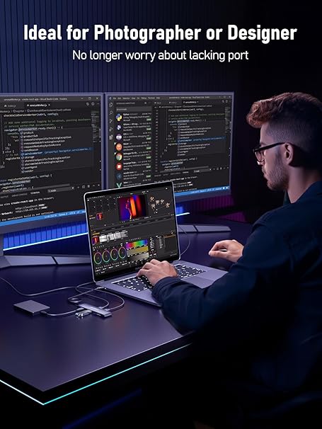 Person working on a laptop with multiple monitors displaying code and graphics, with text about being ideal for photographers or designers.