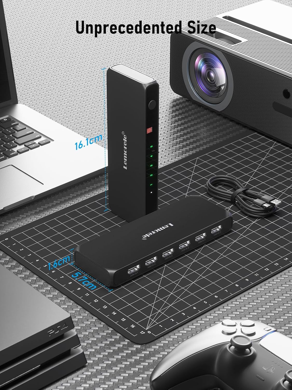 Black USB hub with multiple ports on a desk with electronic devices.