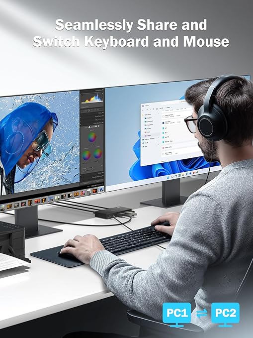 Person using a computer setup with two monitors, keyboard, and mouse, text 'Seamlessly Share and Switch Keyboard and Mouse'.
