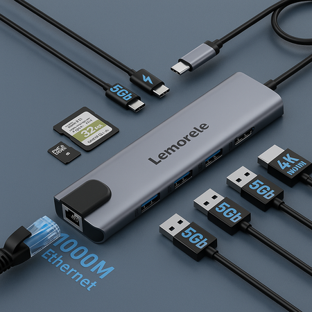 Lemorele USB-C Hub Docking Station, 9-in-1 USB Hub for Laptop with Gigabit Ethernet, 4K HDMI, 3×USB 3.0 and USB-C Data Ports, 100W PD, SD/TF Card Slot, Compatible with Mac/Windows/Chrome OS/Linux