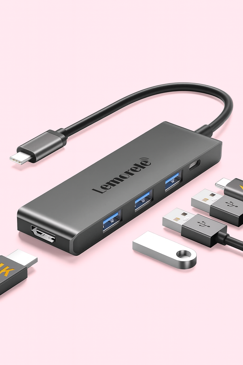 Lenovo USB hub with multiple ports on a pink background