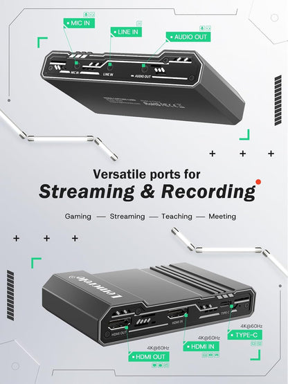 Lemorele Video Capture Card USB C 3.0 with 4K HDMI Loop-Out, HDMI Capture Card for Live Streaming Game Recorder Device, Compatible with Windows Linux OBS OS X Twitch for PS3 PS4
