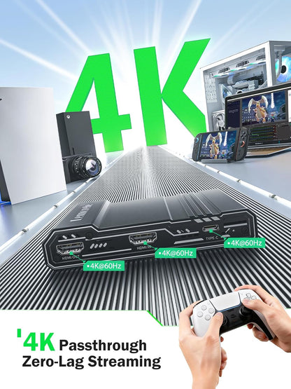 Lemorele Video Capture Card USB C 3.0 with 4K HDMI Loop-Out, HDMI Capture Card for Live Streaming Game Recorder Device, Compatible with Windows Linux OBS OS X Twitch for PS3 PS4