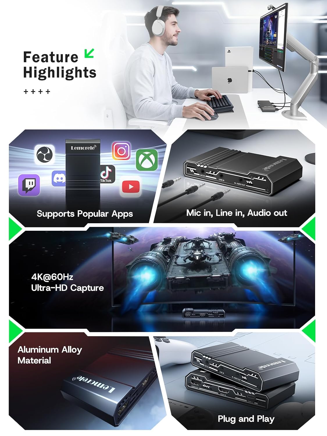Lemorele Video Capture Card USB C 3.0 with 4K HDMI Loop-Out, HDMI Capture Card for Live Streaming Game Recorder Device, Compatible with Windows Linux OBS OS X Twitch for PS3 PS4