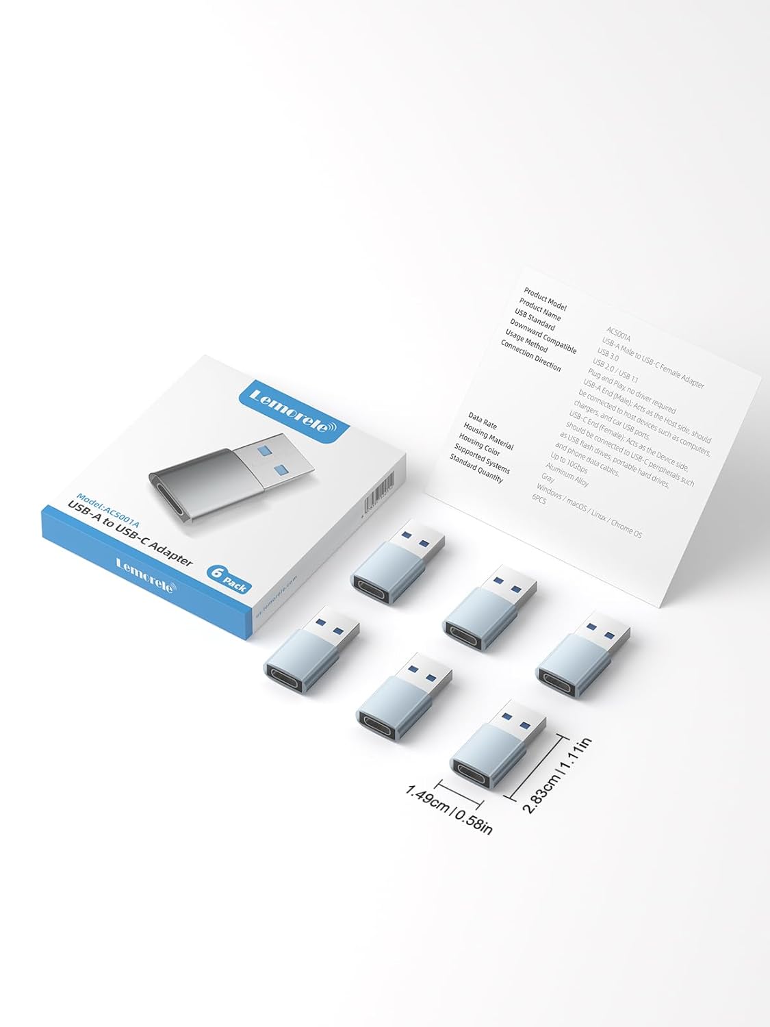 Lemorele 10Gbps USB to USB C Adapter 6 Pack, Type C Female to USB A Male Adaptor Fast Charge
