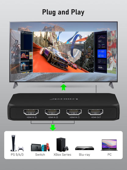 Lemorele 4K HDMI Switch, 3 in 1 Out HDMI Splitter, Triple Multiview Seamless Switcher Selector with Remote Control - G99