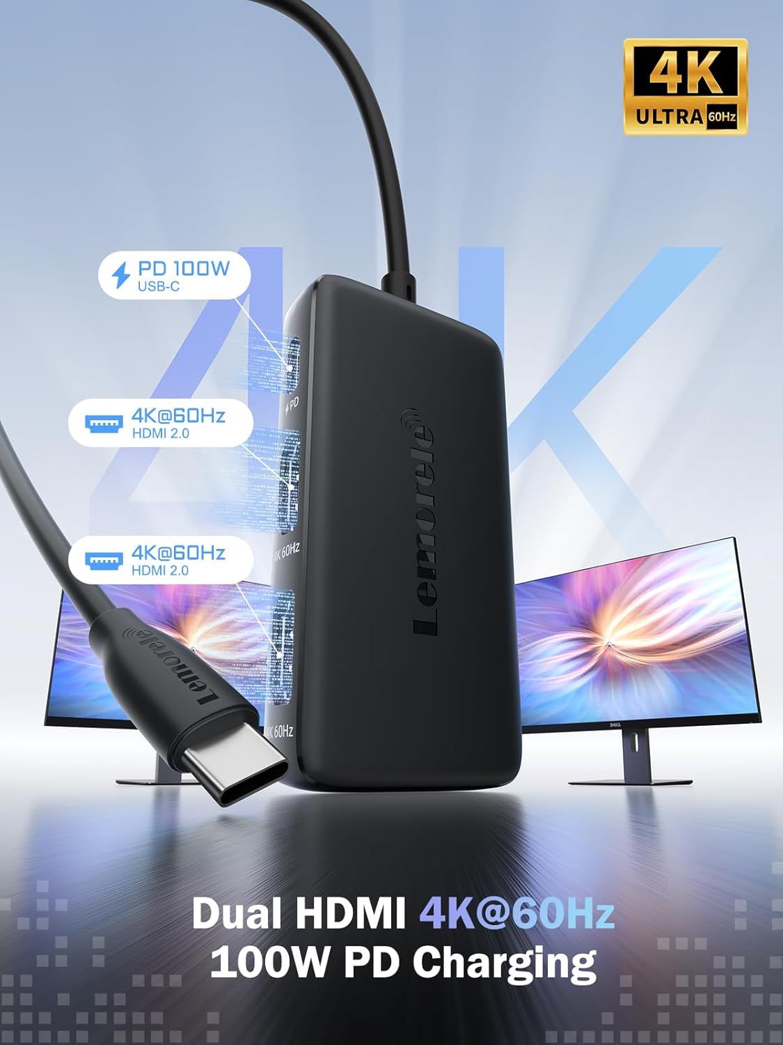 Lemorele USB-C to Dual HDMI Adapter, USB C Hub with 2 HDMI 4K@60Hz