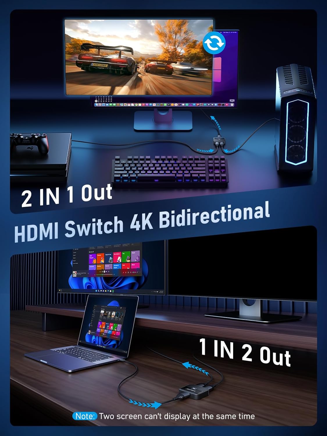 Lemorele HDMI Switch 2 in 1 Out 4K@60Hz Bi-Directional Splitter 1 in 2 Out, High-Performance Engineering Material Body Supports 3D HDCP 2.2, Compatible with PS5/PS4, Xbox, Monitor, TV Stick, PC
