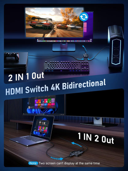 Lemorele HDMI Switch 2 in 1 Out 4K@60Hz Bi-Directional Splitter 1 in 2 Out, High-Performance Engineering Material Body Supports 3D HDCP 2.2, Compatible with PS5/PS4, Xbox, Monitor, TV Stick, PC