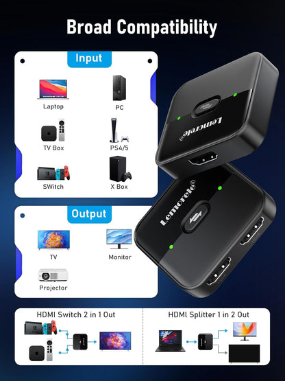 Lemorele HDMI Switch 2 in 1 Out 4K@60Hz Bi-Directional Splitter 1 in 2 Out, High-Performance Engineering Material Body Supports 3D HDCP 2.2, Compatible with PS5/PS4, Xbox, Monitor, TV Stick, PC