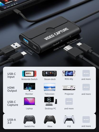 Lemorele Video Capture Card USB C 3.0,1080P 60FPS Ultra-Low Latency Output,Works with Live Streaming Games,Streaming & Video Recording,Compatibility Switch PS4 PS5 Laptops Phones PCs & Mac AC08-1A
