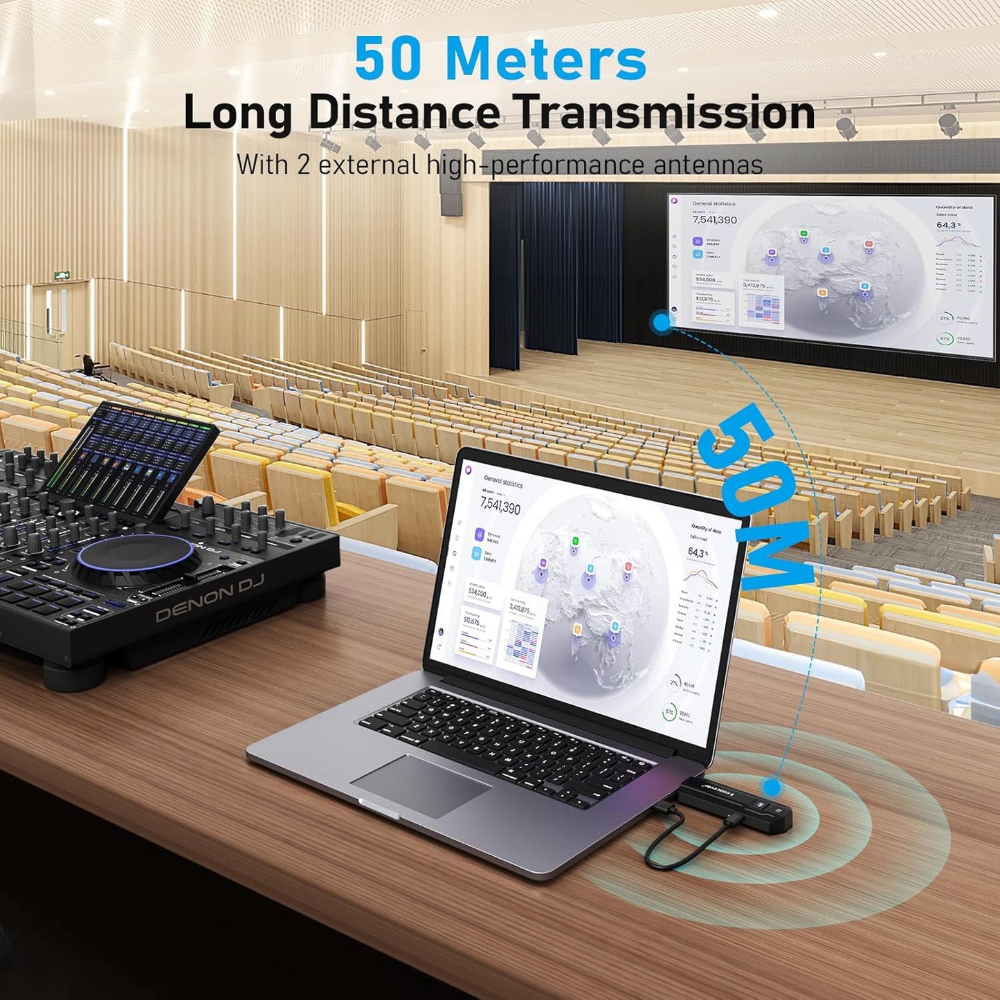 Laptop on a desk in an auditorium with text about long-distance transmission and antennas.