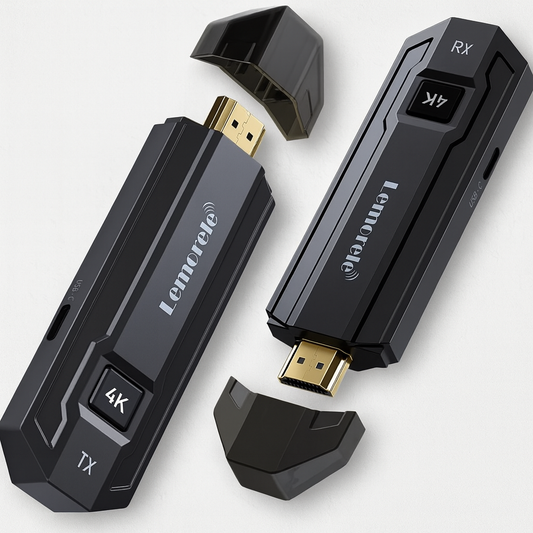 Two HDMI dongles labeled 'TX' and 'RX' with Lemonte branding on a white background.