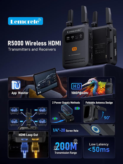Lemorele Wireless HDMI Video Transmitter and Receiver,Dedicated for Photography,Ultra-Low Latency,Plug-and-Play,1080P Full HD,200M Range,HDMI Wireless Transmitter with Up to 4 Receiver
