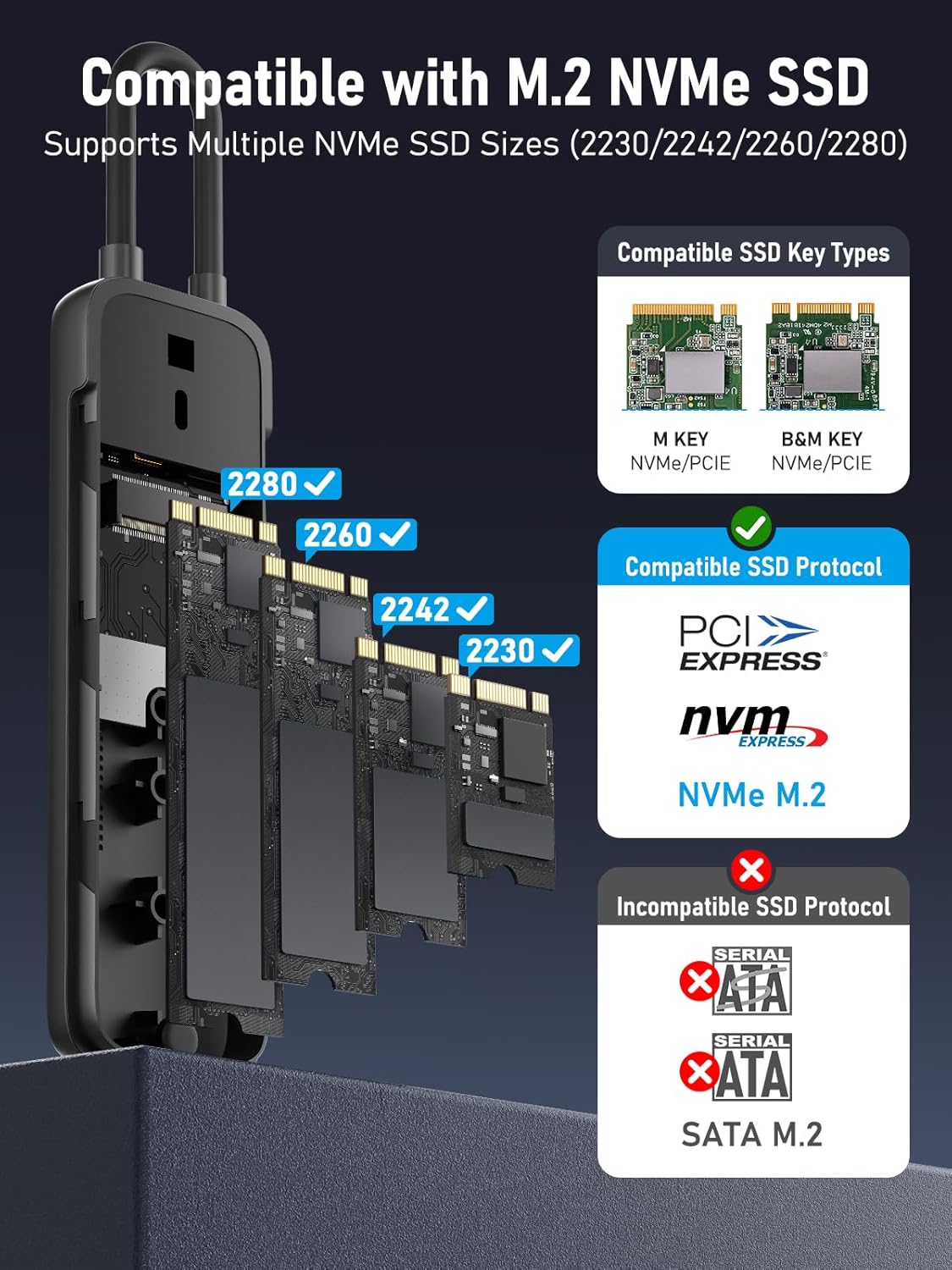 Lemorele M.2 NVMe SSD Enclosure, 10Gbps USB-C 3.2 Gen2, Tool-Free, M-Key/B&M Key 2230-2280, RTL9210, 4TB Max