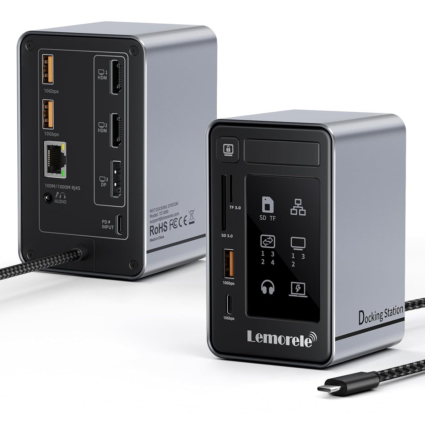 Lemorele Aluminum USB C Docking Station 2HDMI DP 4K 100W Gigabit LAN Hub | USB3.2 10Gbps 3USB-A+USB-C Ports, SD/MicroSD reader, 3.5mm jack, LED indicator, touch screen-off key, multi-system compatible