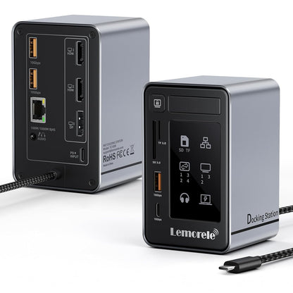 Lemorele Aluminum USB C Docking Station 2HDMI DP 4K 100W Gigabit LAN Hub | USB3.2 10Gbps 3USB-A+USB-C Ports, SD/MicroSD reader, 3.5mm jack, LED indicator, touch screen-off key, multi-system compatible