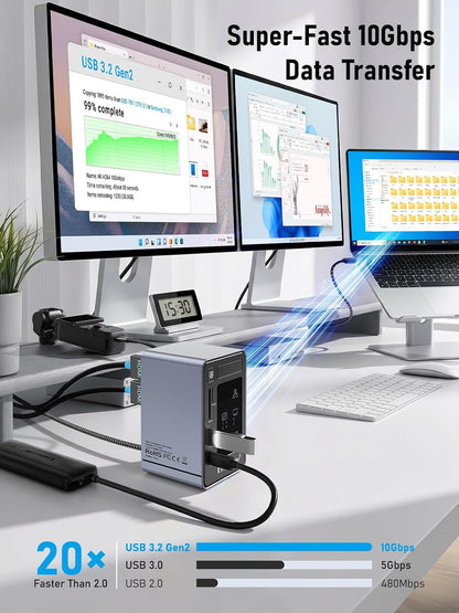 Lemorele Aluminum USB C Docking Station 2HDMI DP 4K 100W Gigabit LAN Hub | USB3.2 10Gbps 3USB-A+USB-C Ports, SD/MicroSD reader, 3.5mm jack, LED indicator, touch screen-off key, multi-system compatible