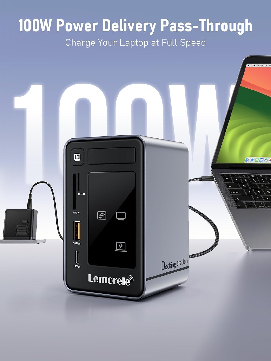 Lemorele Aluminum USB C Docking Station 2HDMI DP 4K 100W Gigabit LAN Hub | USB3.2 10Gbps 3USB-A+USB-C Ports, SD/MicroSD reader, 3.5mm jack, LED indicator, touch screen-off key, multi-system compatible