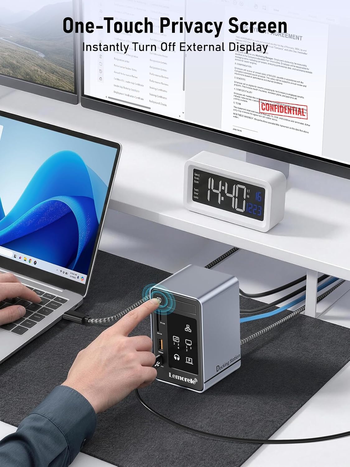 Lemorele Aluminum USB C Docking Station 2HDMI DP 4K 100W Gigabit LAN Hub | USB3.2 10Gbps 3USB-A+USB-C Ports, SD/MicroSD reader, 3.5mm jack, LED indicator, touch screen-off key, multi-system compatible