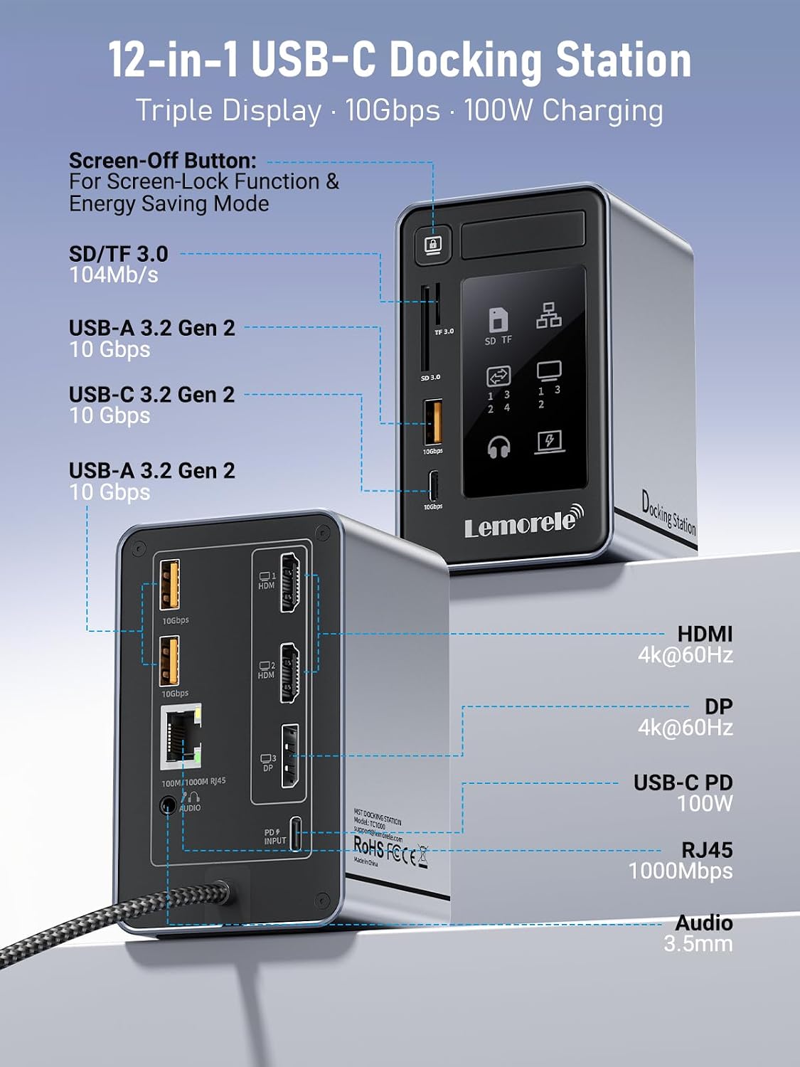 Lemorele Aluminum USB C Docking Station 2HDMI DP 4K 100W Gigabit LAN Hub | USB3.2 10Gbps 3USB-A+USB-C Ports, SD/MicroSD reader, 3.5mm jack, LED indicator, touch screen-off key, multi-system compatible