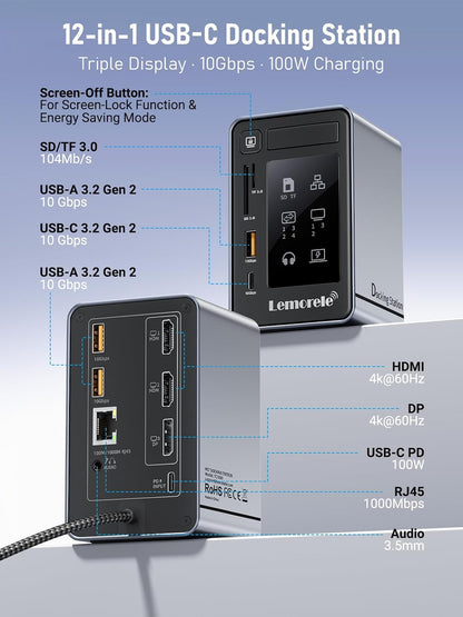 Lemorele Aluminum USB C Docking Station 2HDMI DP 4K 100W Gigabit LAN Hub | USB3.2 10Gbps 3USB-A+USB-C Ports, SD/MicroSD reader, 3.5mm jack, LED indicator, touch screen-off key, multi-system compatible
