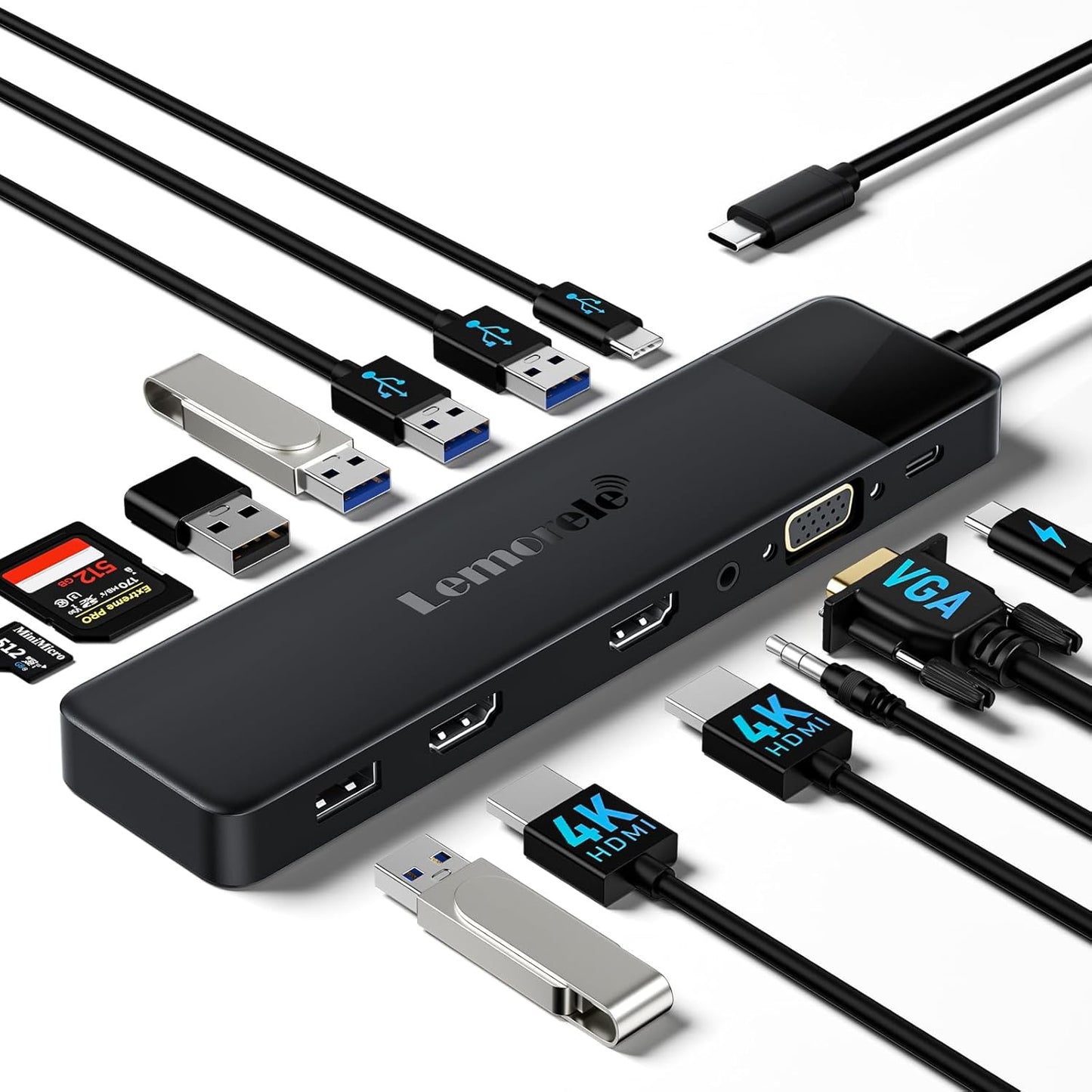 Lemorele 13-in-1 USB-C Docking Station, Dual Monitor Hub with 2 HDMI 4K, VGA, 5 USB 3.0/2.0 Ports, PD Charging, SD/TF Card Reader & 3.5mm Audio – Compatible with Lenovo, Surface, MacBook Laptops