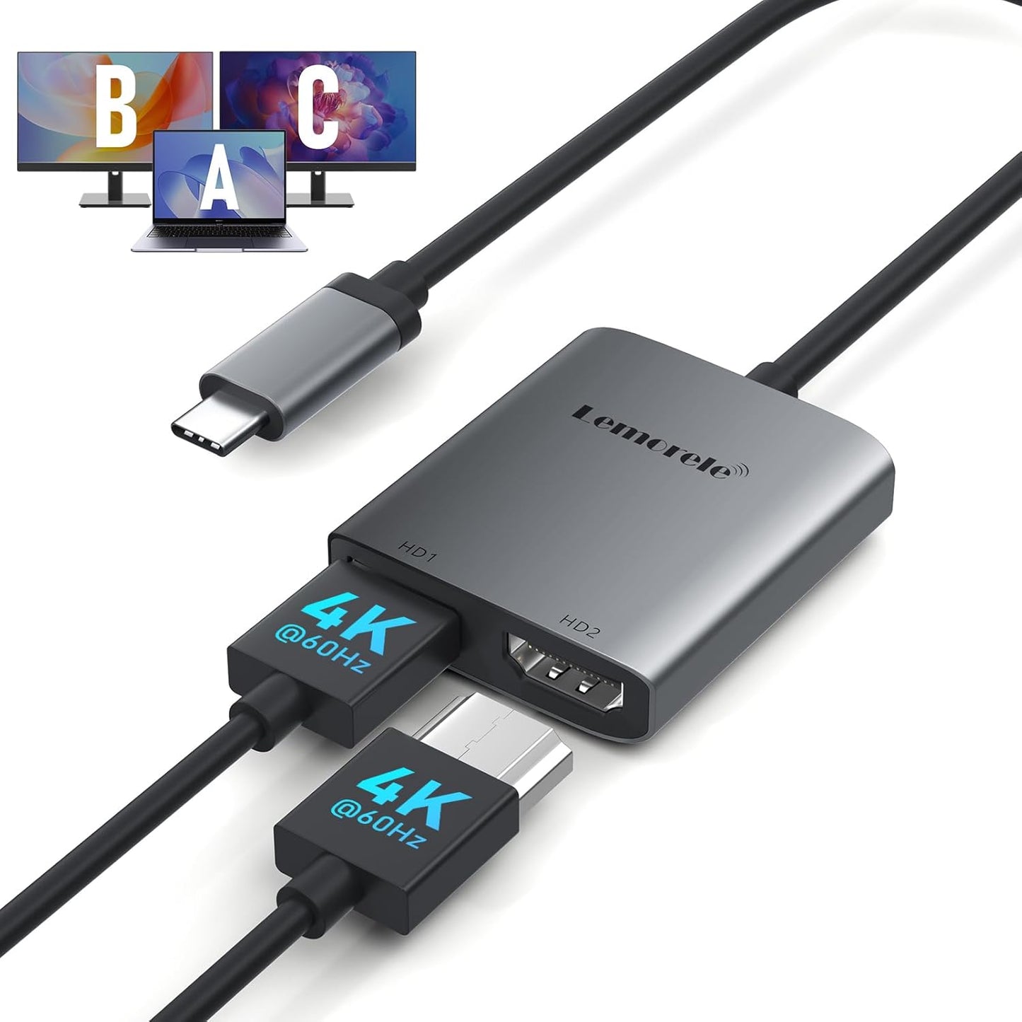 Lemorele USB C to Dual HDMI Adapter 4K@60Hz Type C to Dual HDMI Converter