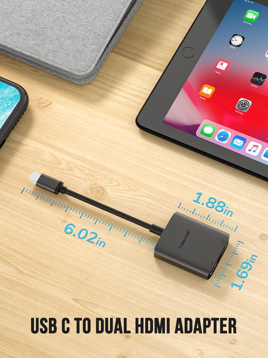 Lemorele USB C to Dual HDMI Adapter 4K@60Hz Type C to Dual HDMI Converter
