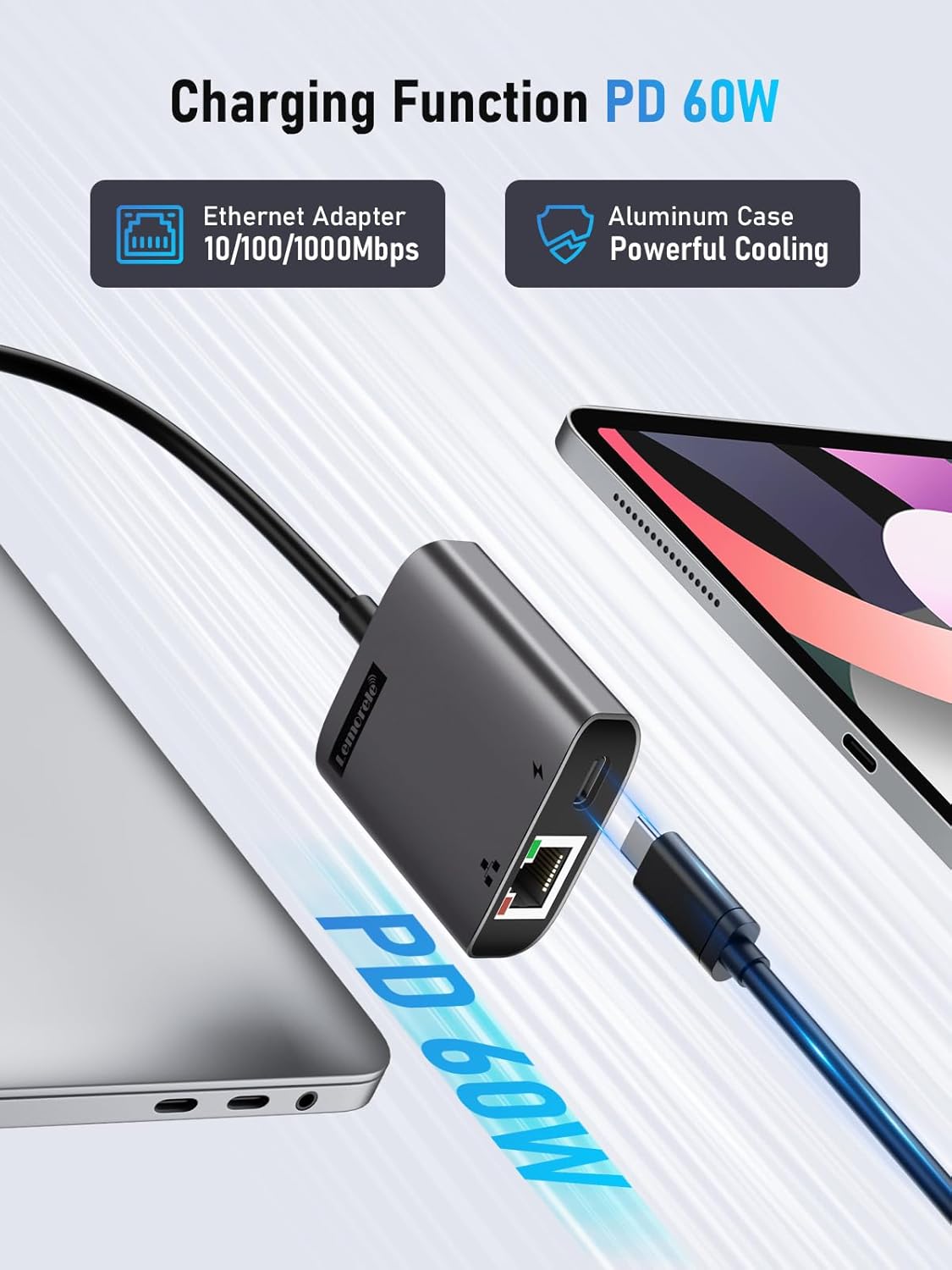 Lemorele USB C to RJ45 Ethernet Network Adapter with PD 100W