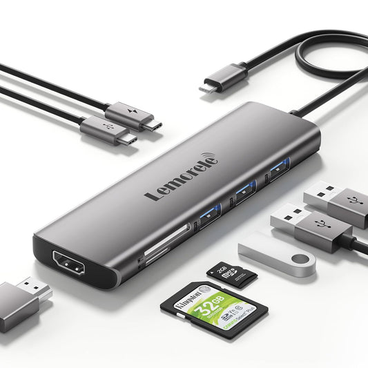 Lemorele 8-in-1 USB Hub for Laptop - 4K UHD HDMI Port, Space Aluminum Type-C Hub, USB 3.0 High-Speed Data Ports, PD 100W Fast Charging, SD/TF Card Slots, Compatible with Mac OS & Windows Systems - TC38A