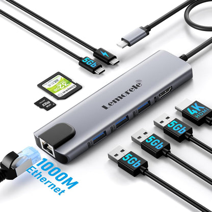 Lemorele USB-C Hub Docking Station, 9-in-1 USB Hub for Laptop with Gigabit Ethernet, 4K HDMI, 3×USB 3.0 and USB-C Data Ports, 100W PD, SD/TF Card Slot, Compatible with Mac/Windows/Chrome OS/Linux