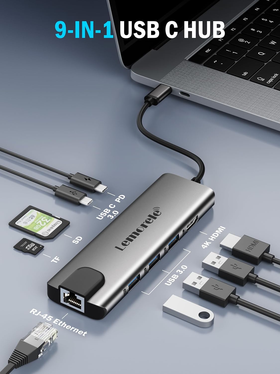 Lemorele USB-C Hub Docking Station, 9-in-1 USB Hub for Laptop with Gigabit Ethernet, 4K HDMI, 3×USB 3.0 and USB-C Data Ports, 100W PD, SD/TF Card Slot, Compatible with Mac/Windows/Chrome OS/Linux
