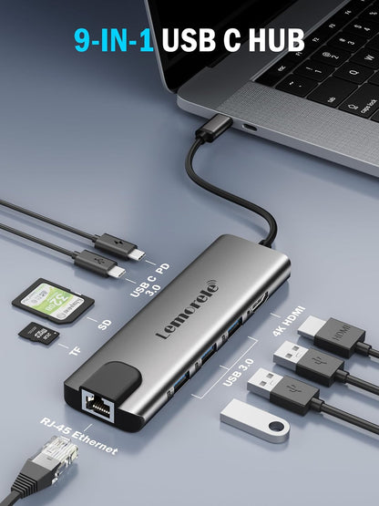 Lemorele USB-C Hub Docking Station, 9-in-1 USB Hub for Laptop with Gigabit Ethernet, 4K HDMI, 3×USB 3.0 and USB-C Data Ports, 100W PD, SD/TF Card Slot, Compatible with Mac/Windows/Chrome OS/Linux