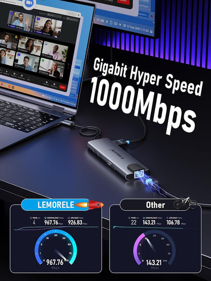 Lemorele USB-C Hub Docking Station, 9-in-1 USB Hub for Laptop with Gigabit Ethernet, 4K HDMI, 3×USB 3.0 and USB-C Data Ports, 100W PD, SD/TF Card Slot, Compatible with Mac/Windows/Chrome OS/Linux