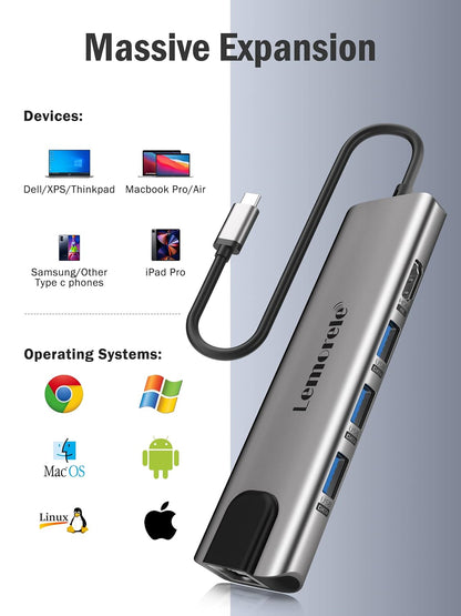 Lemorele USB-C Hub Docking Station, 9-in-1 USB Hub for Laptop with Gigabit Ethernet, 4K HDMI, 3×USB 3.0 and USB-C Data Ports, 100W PD, SD/TF Card Slot, Compatible with Mac/Windows/Chrome OS/Linux