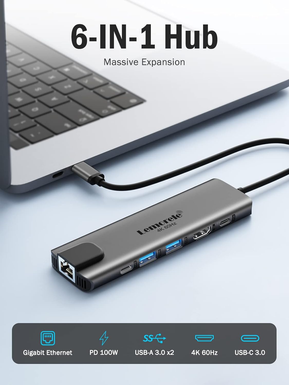 Lemorele USB C Hub with HDMI 4K@60Hz -6 in 1,with Gigabit Ethernet